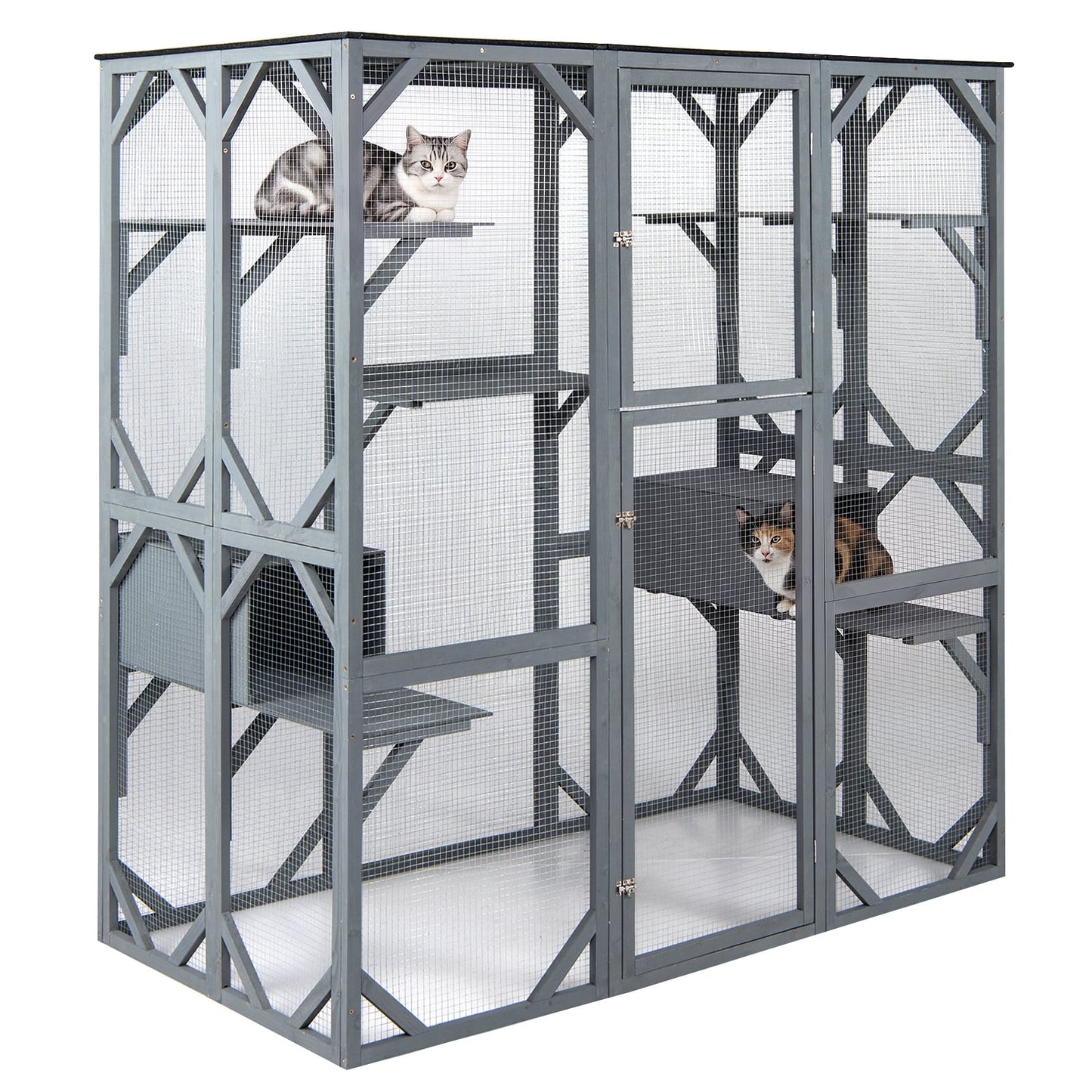 Large Fir Wood Outdoor Cat Enclosure with 2 Napping Houses-Grey