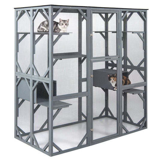 Large Fir Wood Outdoor Cat Enclosure with 2 Napping Houses-Grey