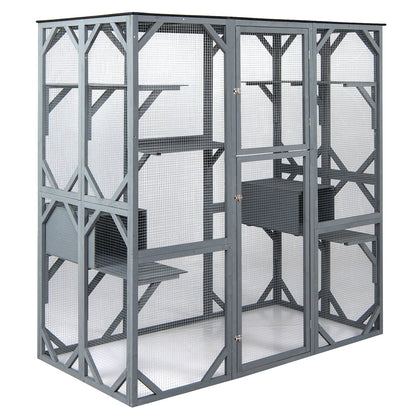 Large Fir Wood Outdoor Cat Enclosure with 2 Napping Houses-Grey