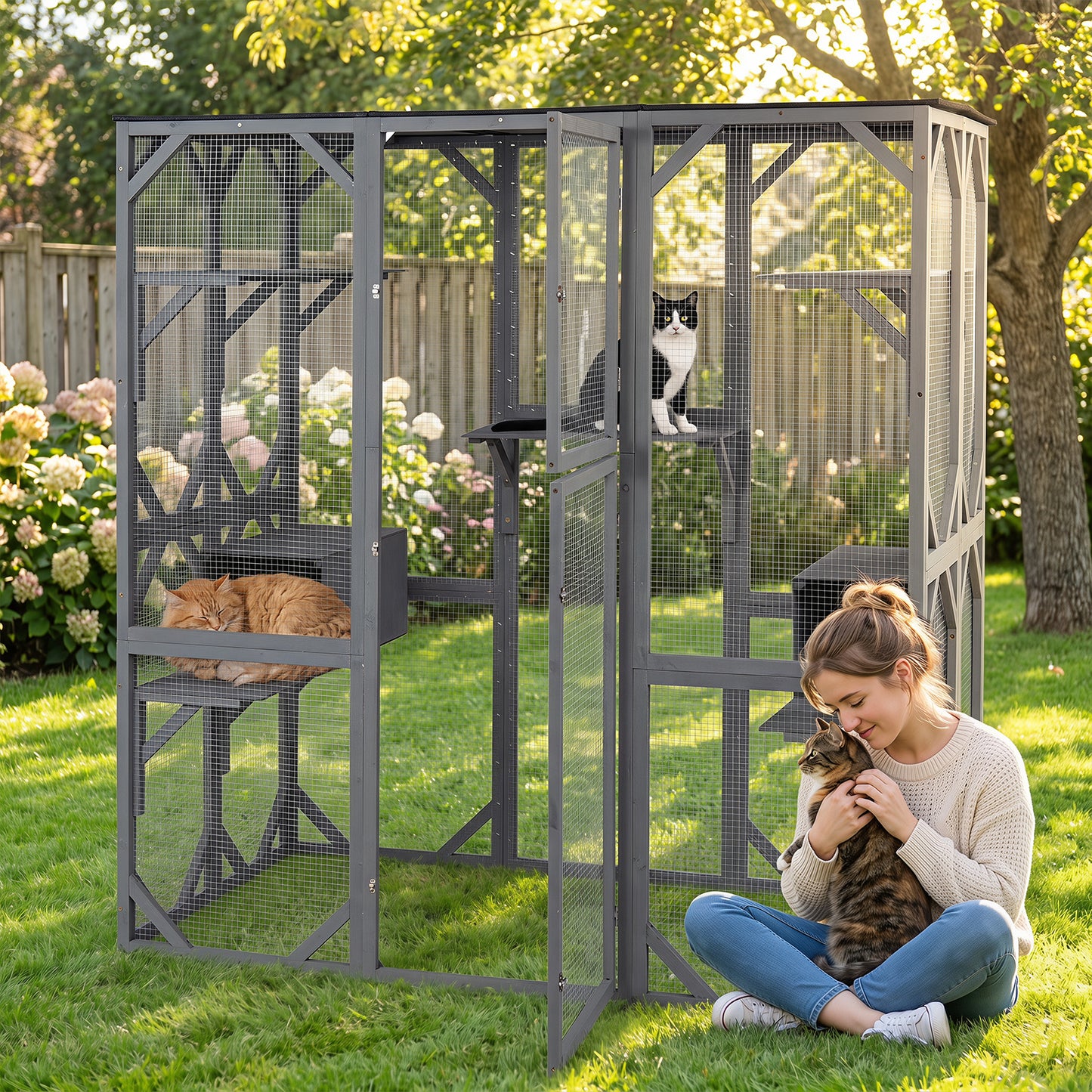 Large Fir Wood Outdoor Cat Enclosure with 2 Napping Houses-Grey