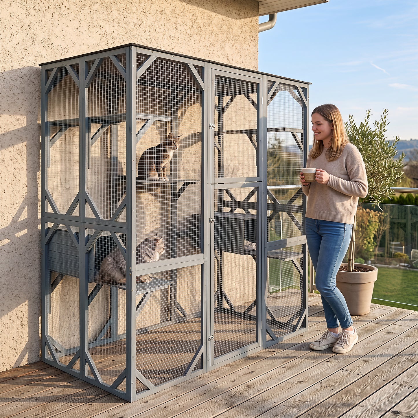 Large Fir Wood Outdoor Cat Enclosure with 2 Napping Houses-Grey
