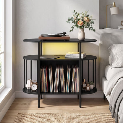 Large Record Player Stand w/LED Lights Charging Station & Display Shelves for Music Corner-Black