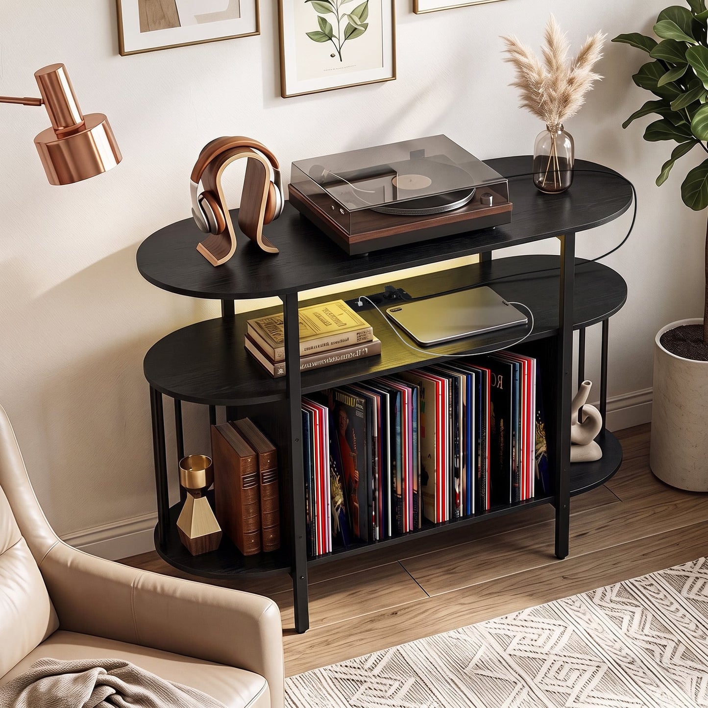 Large Record Player Stand w/LED Lights Charging Station & Display Shelves for Music Corner-Black