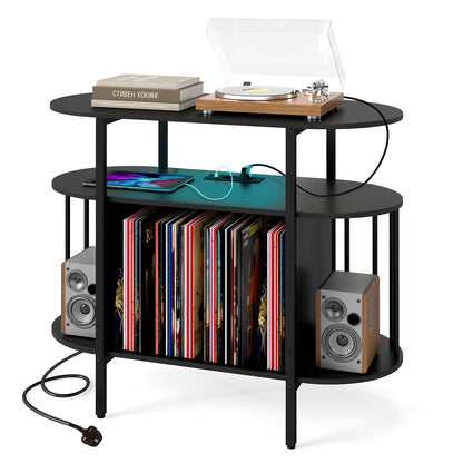 Large Record Player Stand w/LED Lights Charging Station & Display Shelves for Music Corner-Black