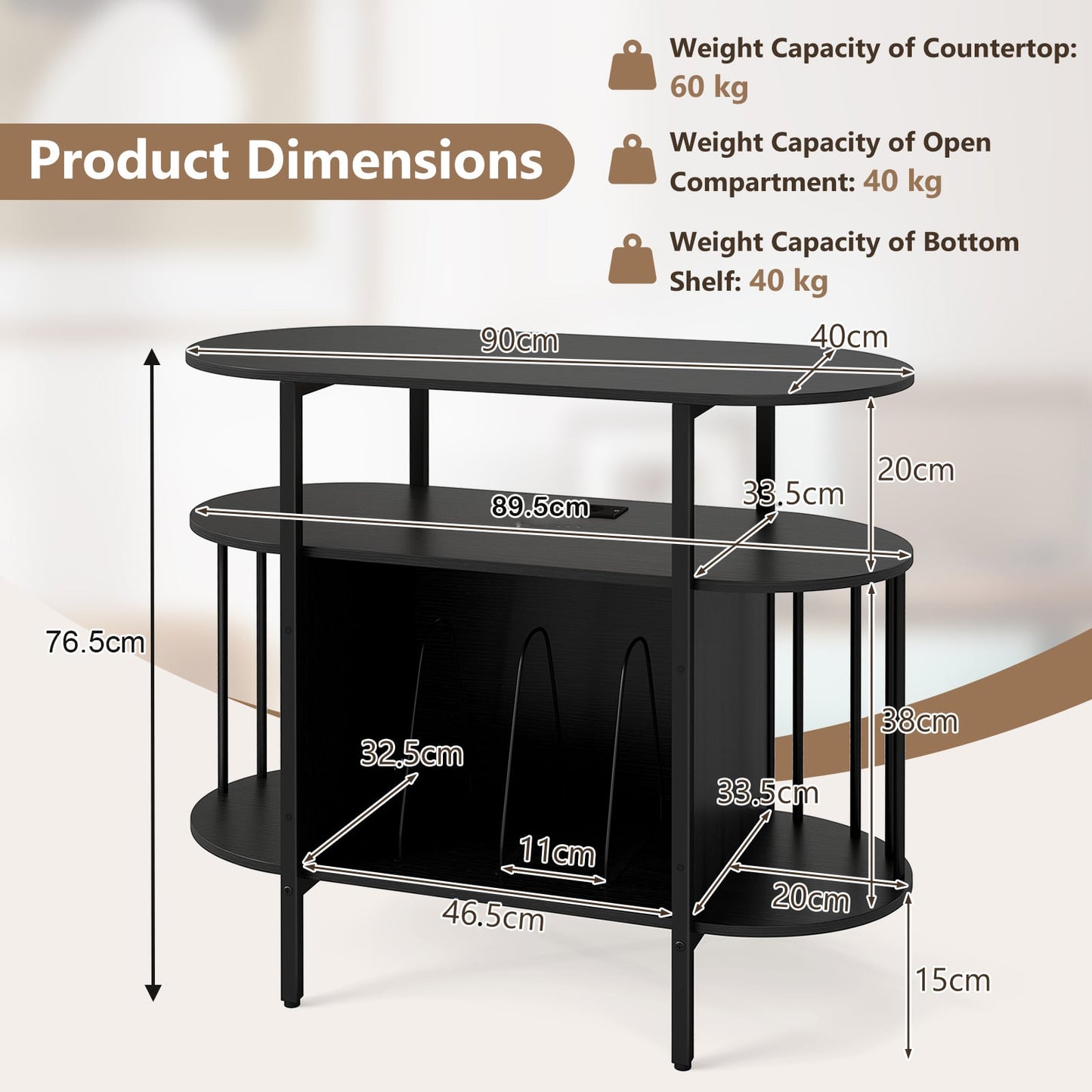 Large Record Player Stand w/LED Lights Charging Station & Display Shelves for Music Corner-Black