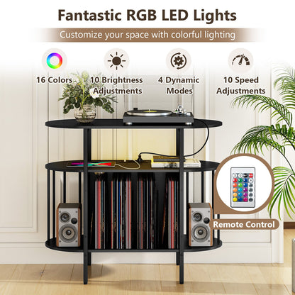 Large Record Player Stand w/LED Lights Charging Station & Display Shelves for Music Corner-Black