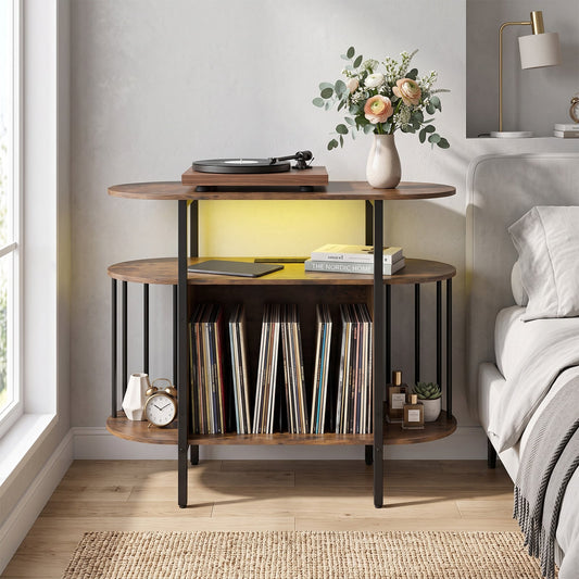 Large Record Player Stand w/LED Lights Charging Station & Display Shelves for Music Corner-Rustic Brown