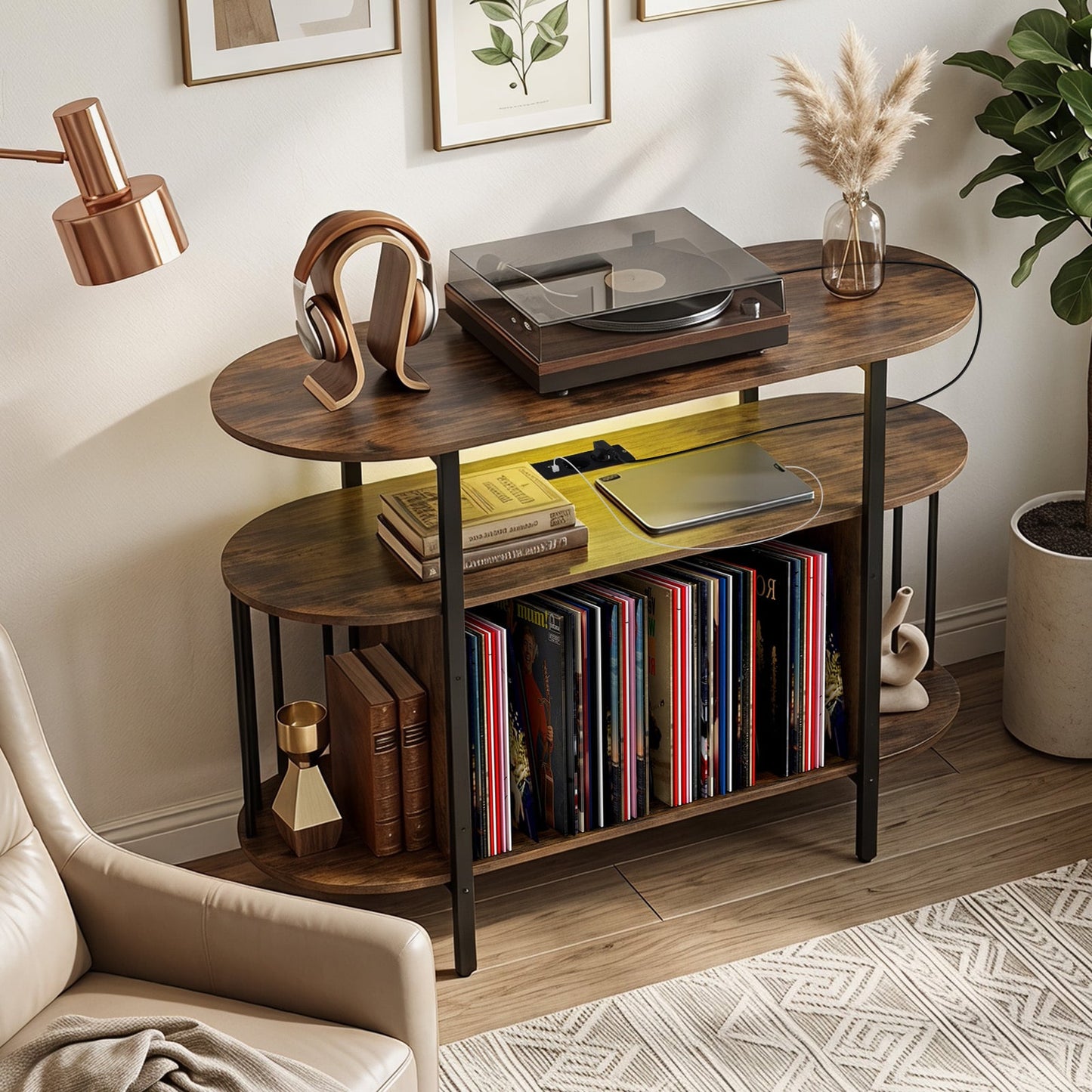 Large Record Player Stand w/LED Lights Charging Station & Display Shelves for Music Corner-Rustic Brown