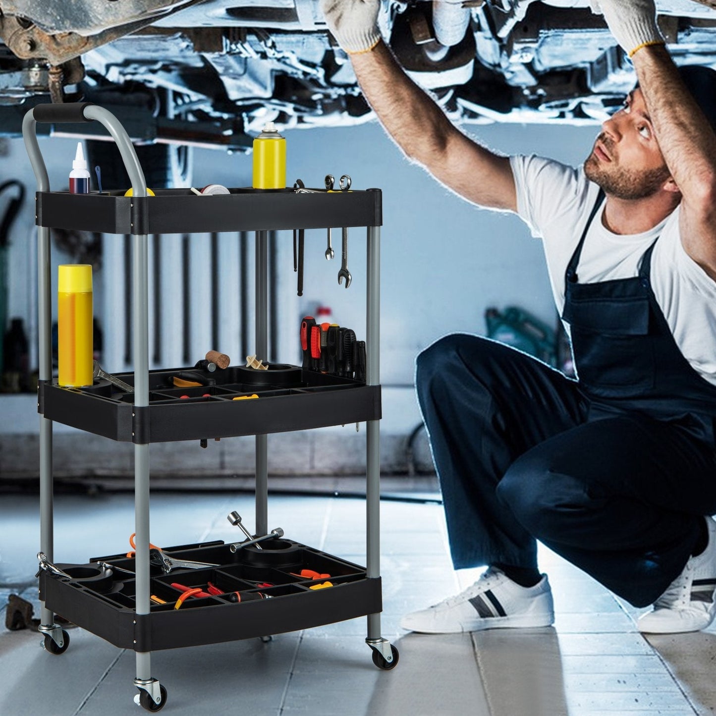 Large Capacity Utility Cart with Multiple Divider, Sponged Handle and Swivel Wheel-Black