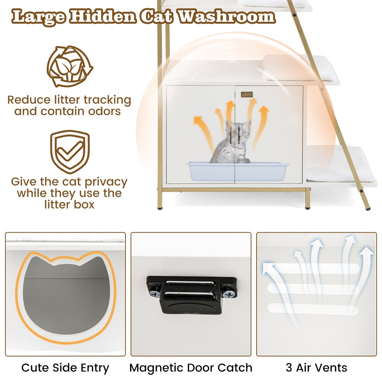 Large Cat Litter Box Enclosure with Storage and Removable Plush Mats-White