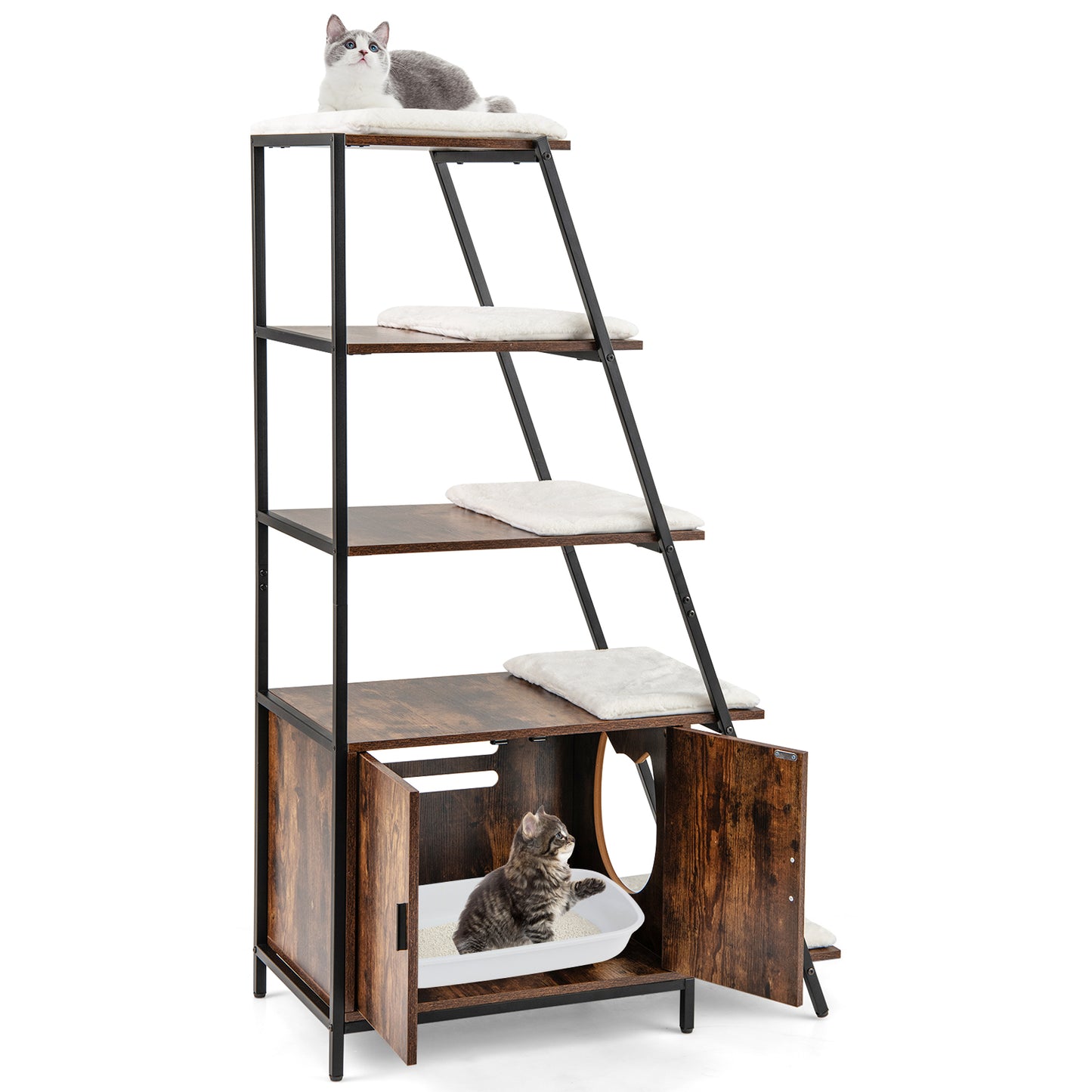 Large Cat Litter Box Enclosure with Storage and Removable Plush Mats-Coffee