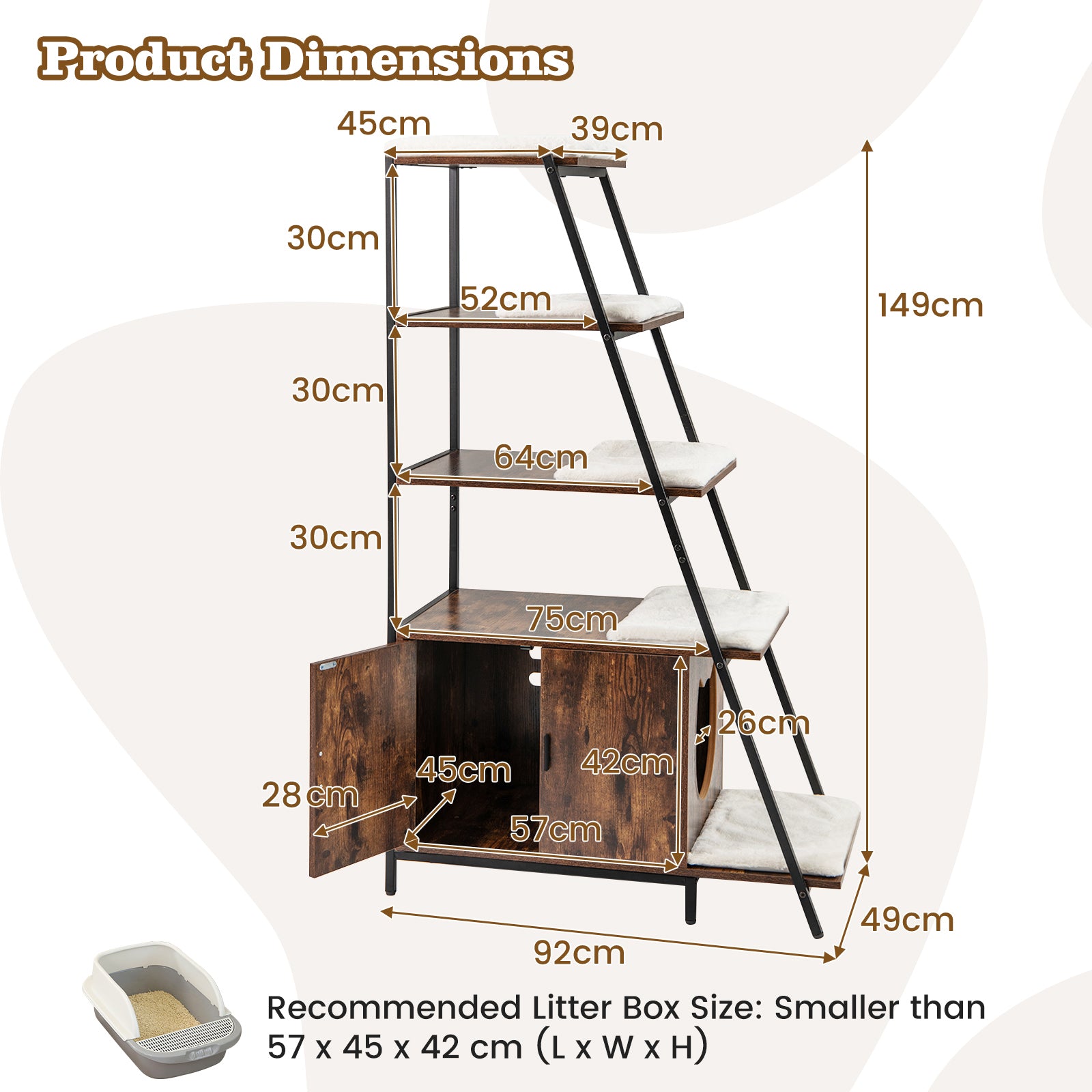 Large Cat Litter Box Enclosure with Storage and Removable Plush Mats-Coffee