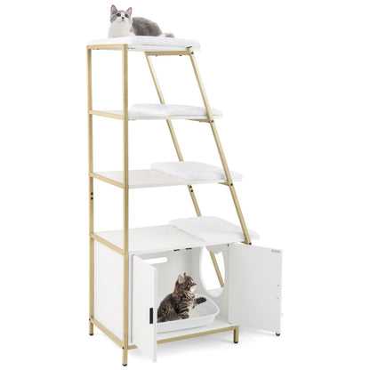 Large Cat Litter Box Enclosure with Storage and Removable Plush Mats-White