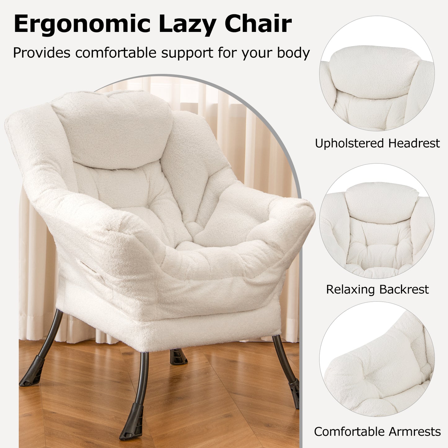 Large Lazy Chair with Cozy Head Pillow and Storage Pocket-Beige