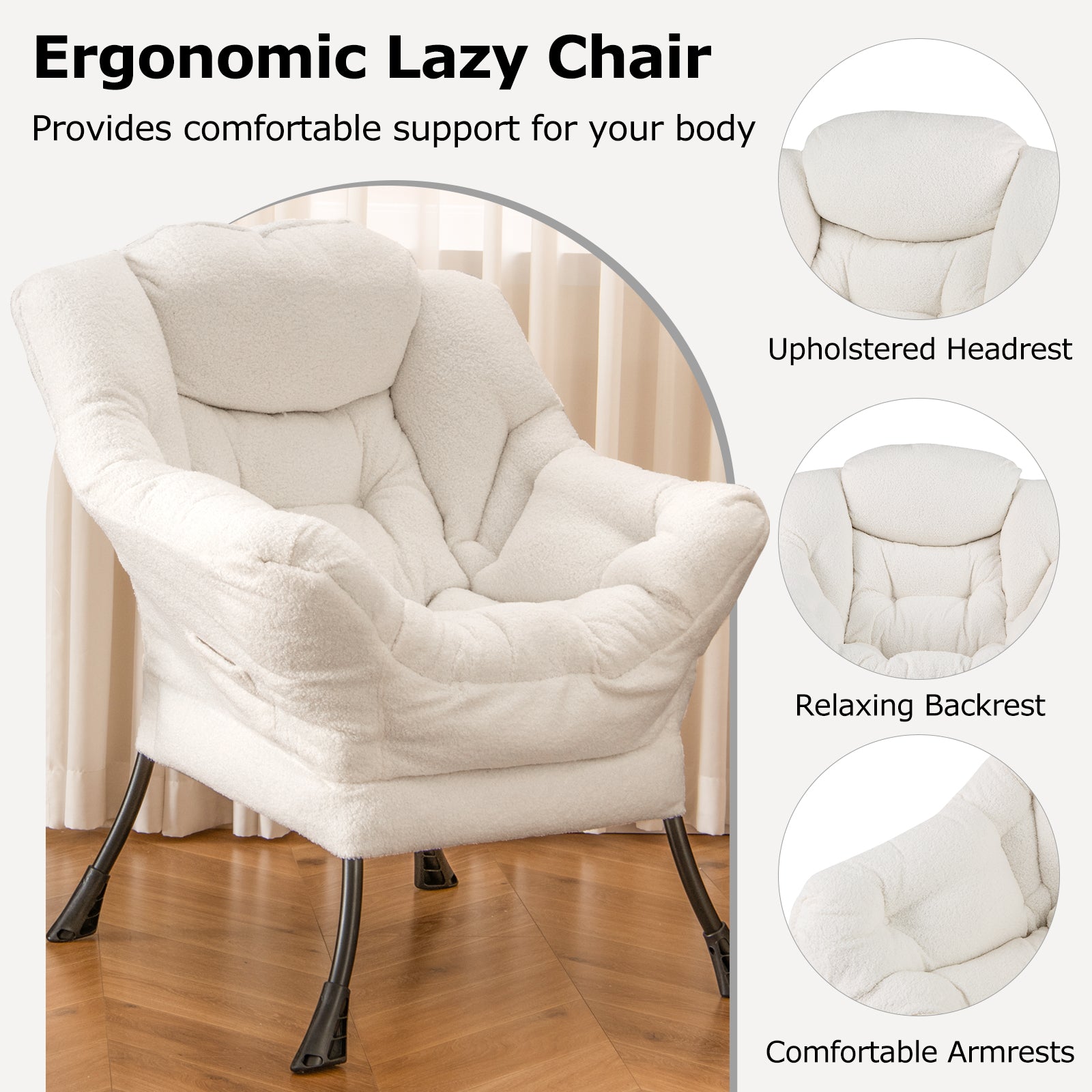 Large Lazy Chair with Cozy Head Pillow and Storage Pocket-Beige