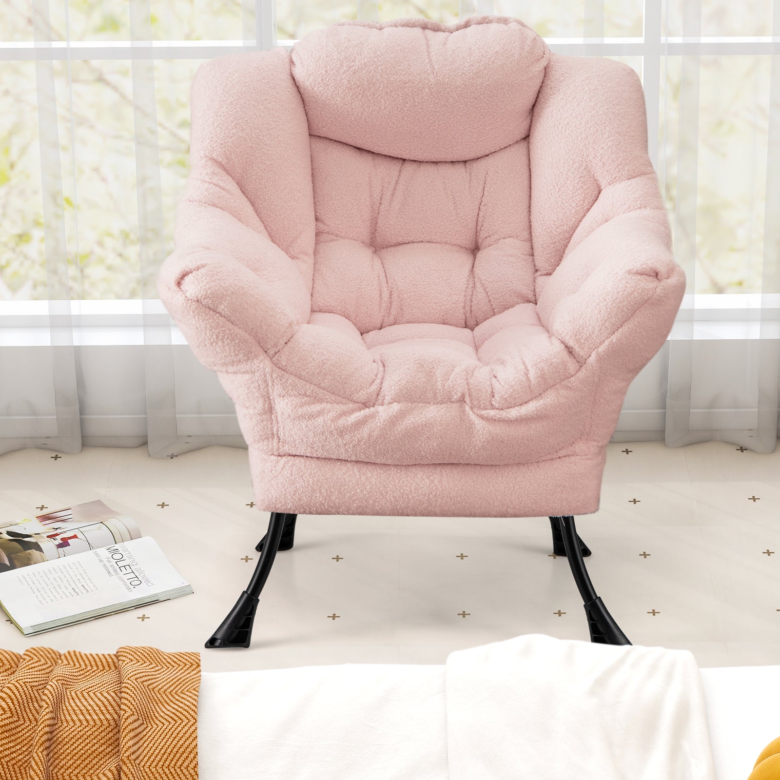 Large Lazy Chair with Cozy Head Pillow and Storage Pocket-Pink