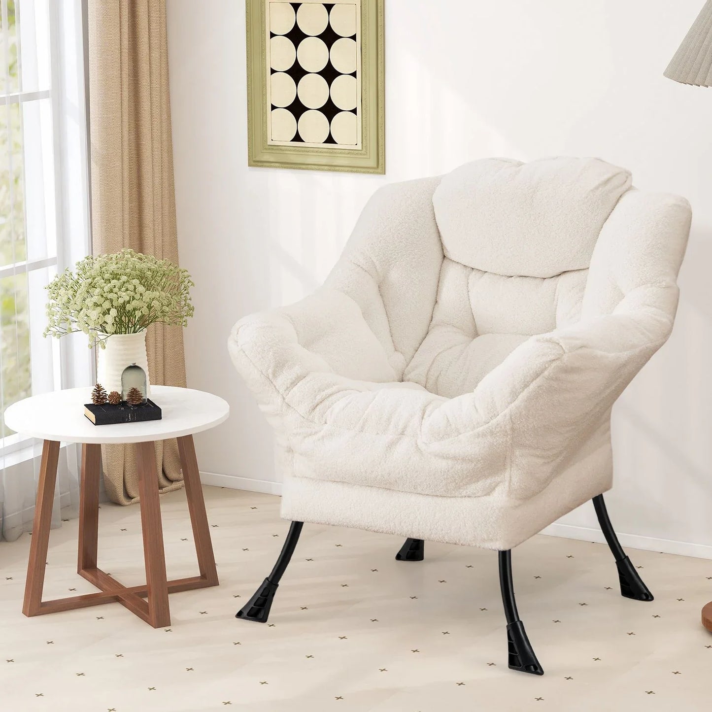 Large Lazy Chair with Cozy Head Pillow and Storage Pocket-Beige