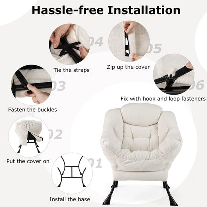 Large Lazy Chair with Cozy Head Pillow and Storage Pocket-Beige