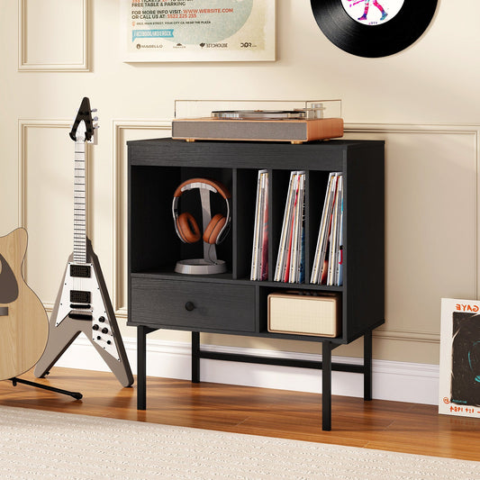 Large Record Player Stand with Open Compartments and Album Holders-Black