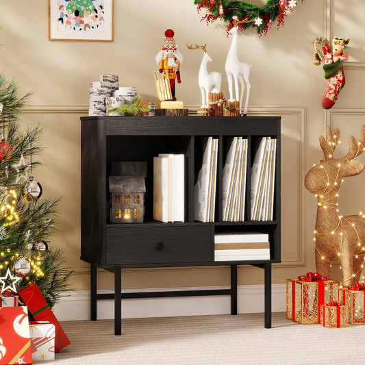 Large Record Player Stand with Open Compartments and Album Holders-Black