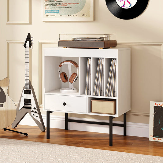 Large Record Player Stand with Open Compartments and Album Holders-White
