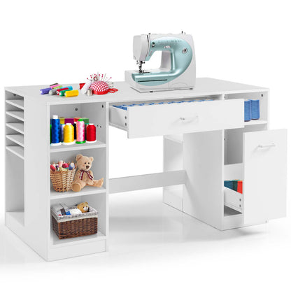 Large Sewing Craft Table with Drawers and Open Storage Shelves-White