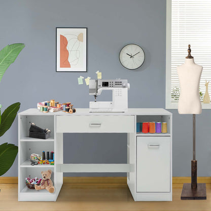 Large Sewing Craft Table with Drawers and Open Storage Shelves-White