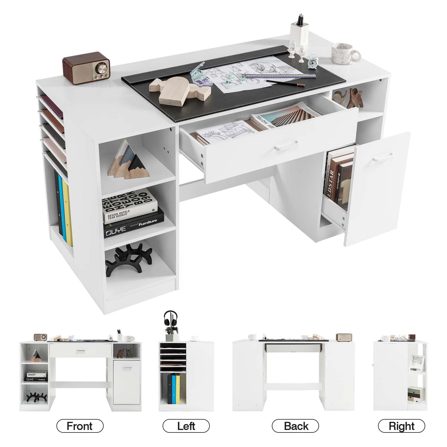 Large Sewing Craft Table with Drawers and Open Storage Shelves-White