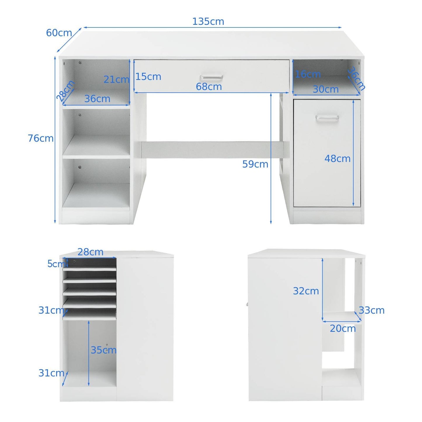Large Sewing Craft Table with Drawers and Open Storage Shelves-White