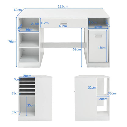 Large Sewing Craft Table with Drawers and Open Storage Shelves-White