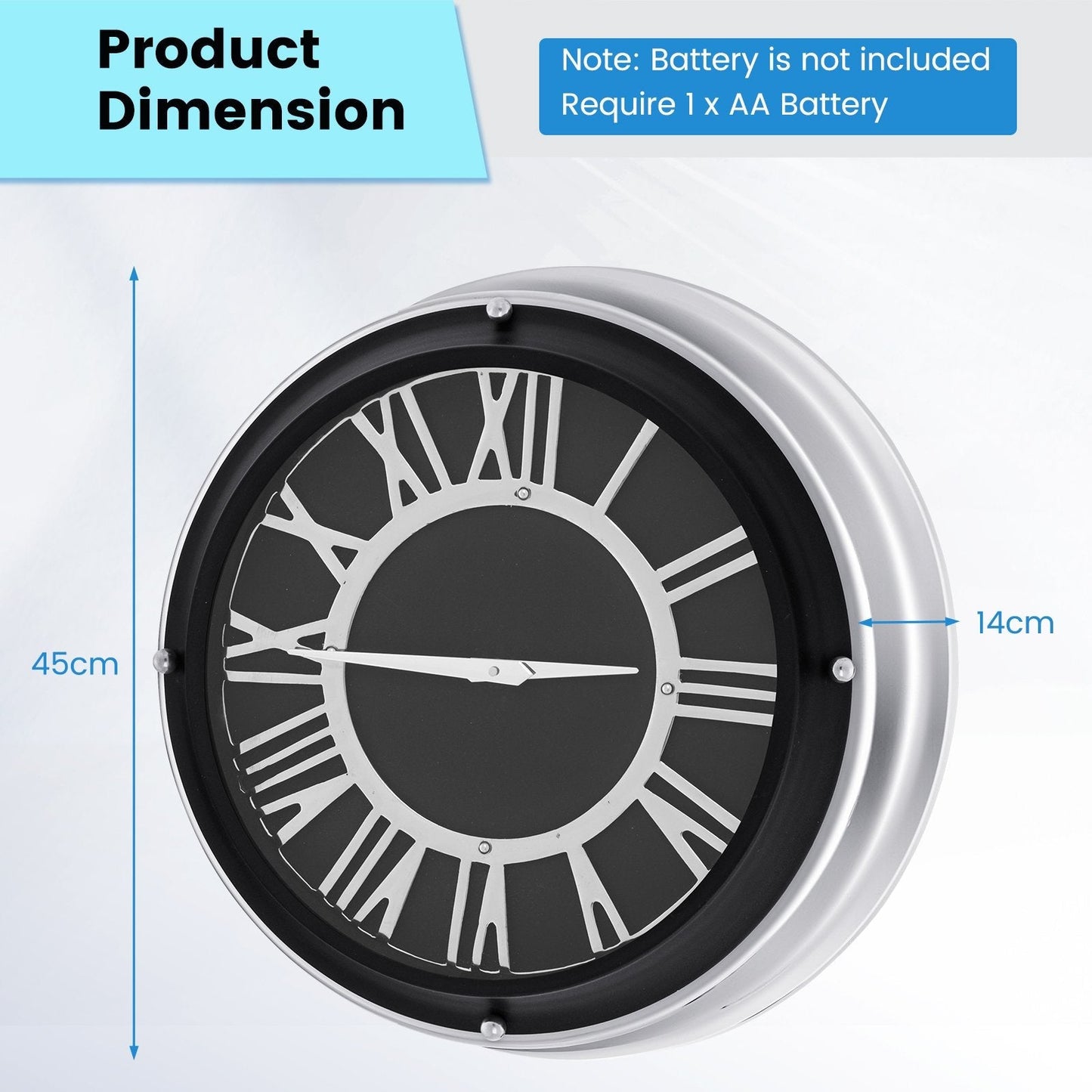 14/17.5 Inch Silent Wall Clock with Silver Frame-L