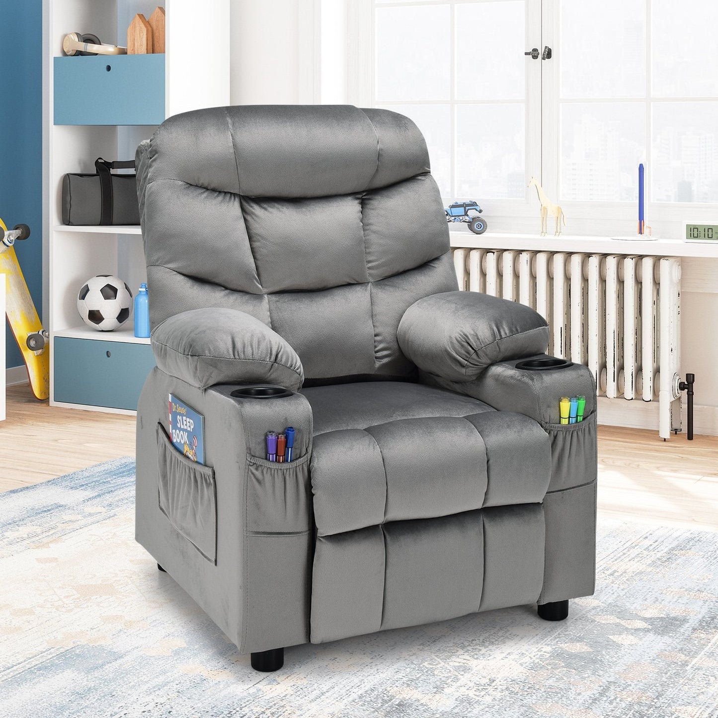 Adjustable Larger Kids Lounge Recliner Chair with 2 Cup Holders-Grey