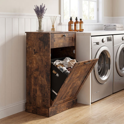 Laundry Cabinet with Tilt Out Hamper Drawer and Removable Bin for Bathroom-Rustic Brown