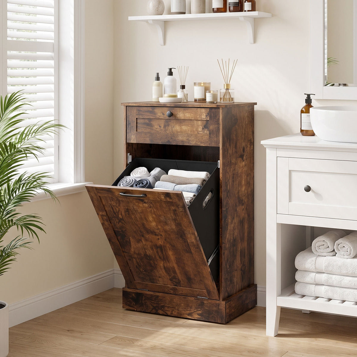 Laundry Cabinet with Tilt Out Hamper Drawer and Removable Bin for Bathroom-Rustic Brown