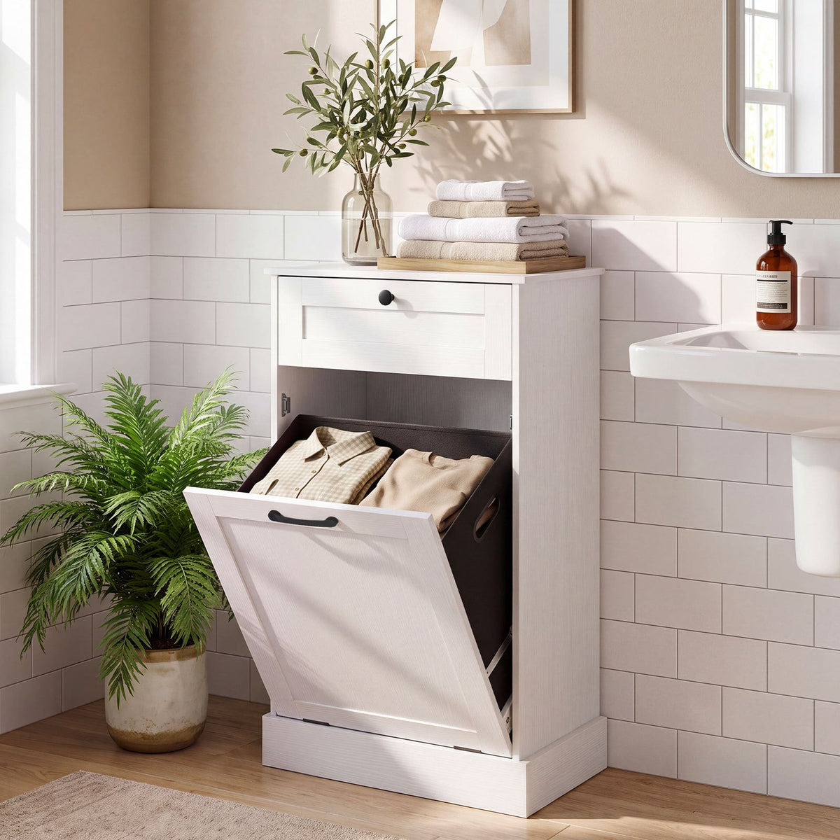 Laundry Cabinet with Tilt Out Hamper Drawer and Removable Bin for Bathroom-White