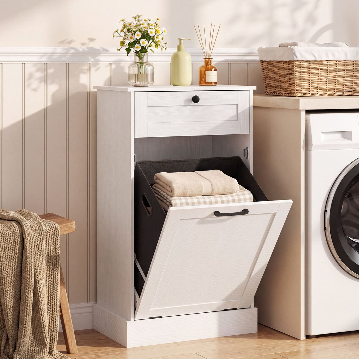 Laundry Cabinet with Tilt Out Hamper Drawer and Removable Bin for Bathroom-White