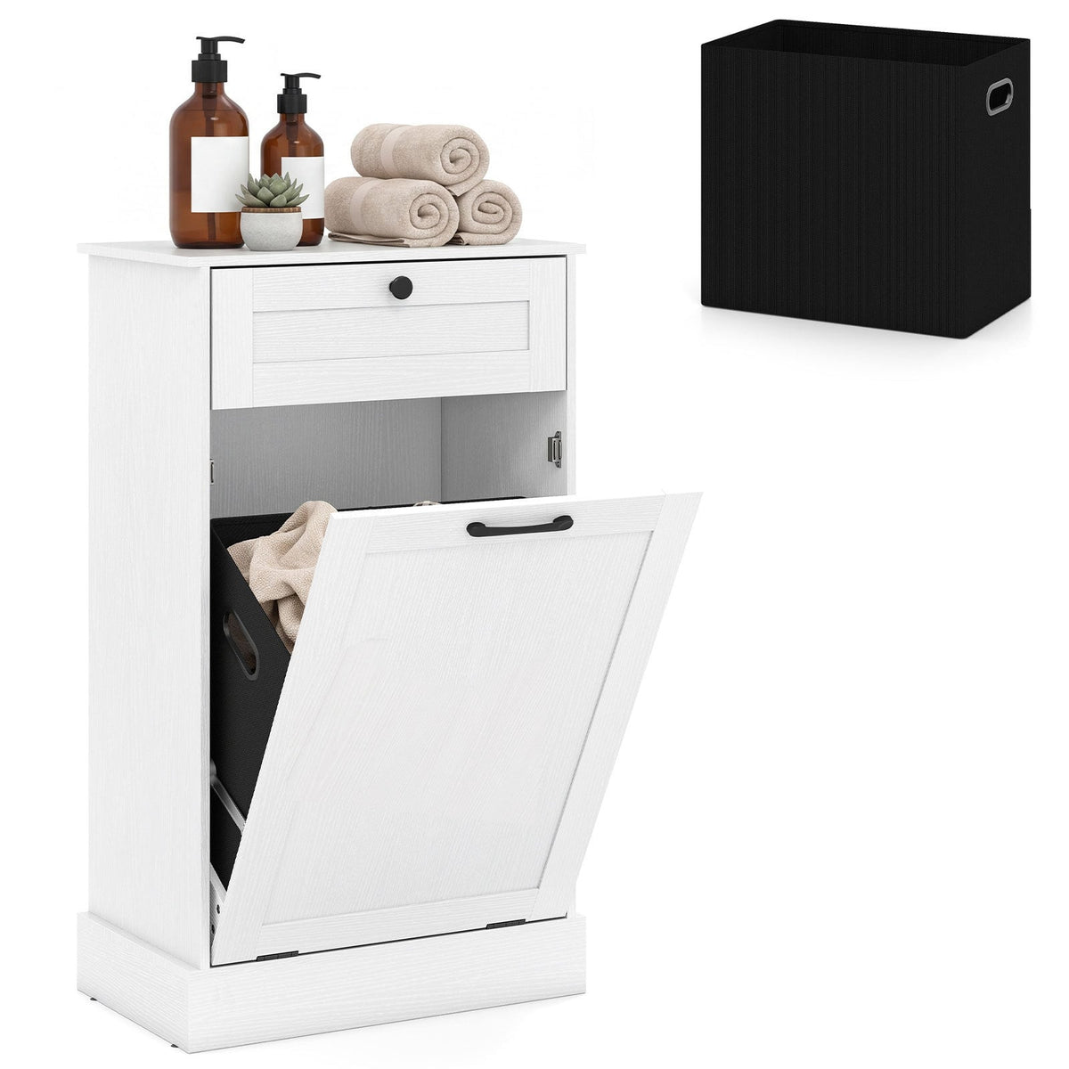 Laundry Cabinet with Tilt Out Hamper Drawer and Removable Bin for Bathroom-White