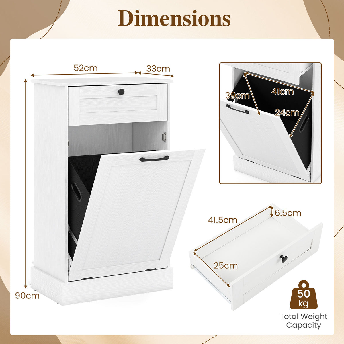 Laundry Cabinet with Tilt Out Hamper Drawer and Removable Bin for Bathroom-White