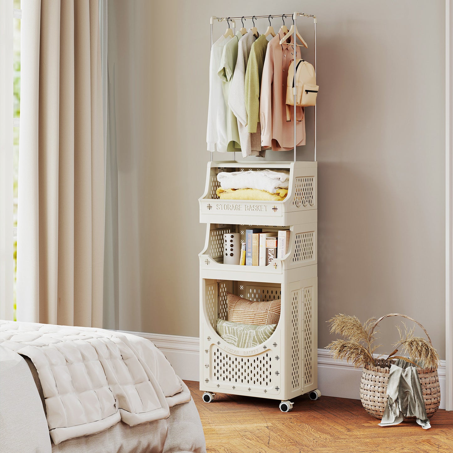 2-in-1 3/4-Tier Laundry Cart with Hanging Bar and Lockable Wheels-4-Tier-Beige
