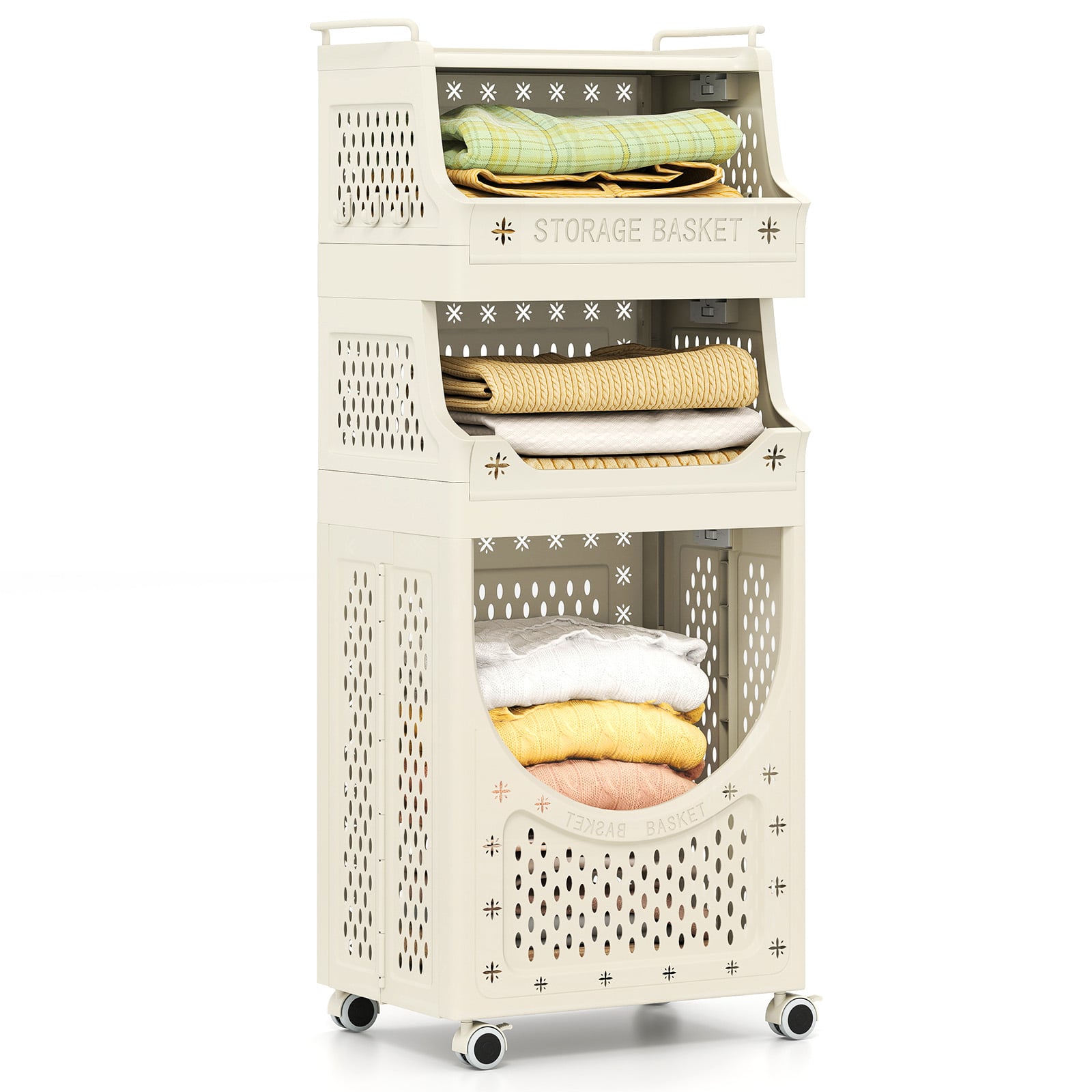 3/4-Tier Laundry Cart with Large Hamper and Lockable Wheels-Beige-4-Tier