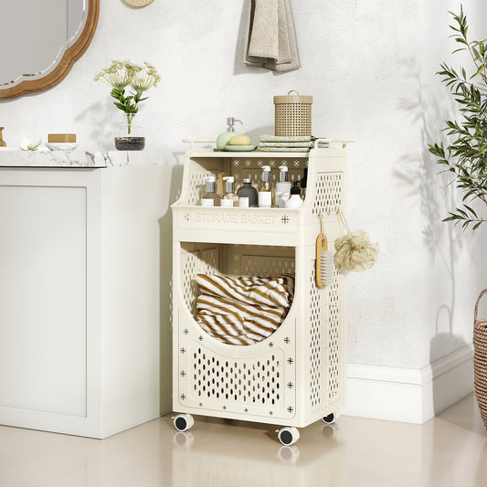 3/4-Tier Laundry Cart with Large Hamper and Lockable Wheels-Beige-3-Tier