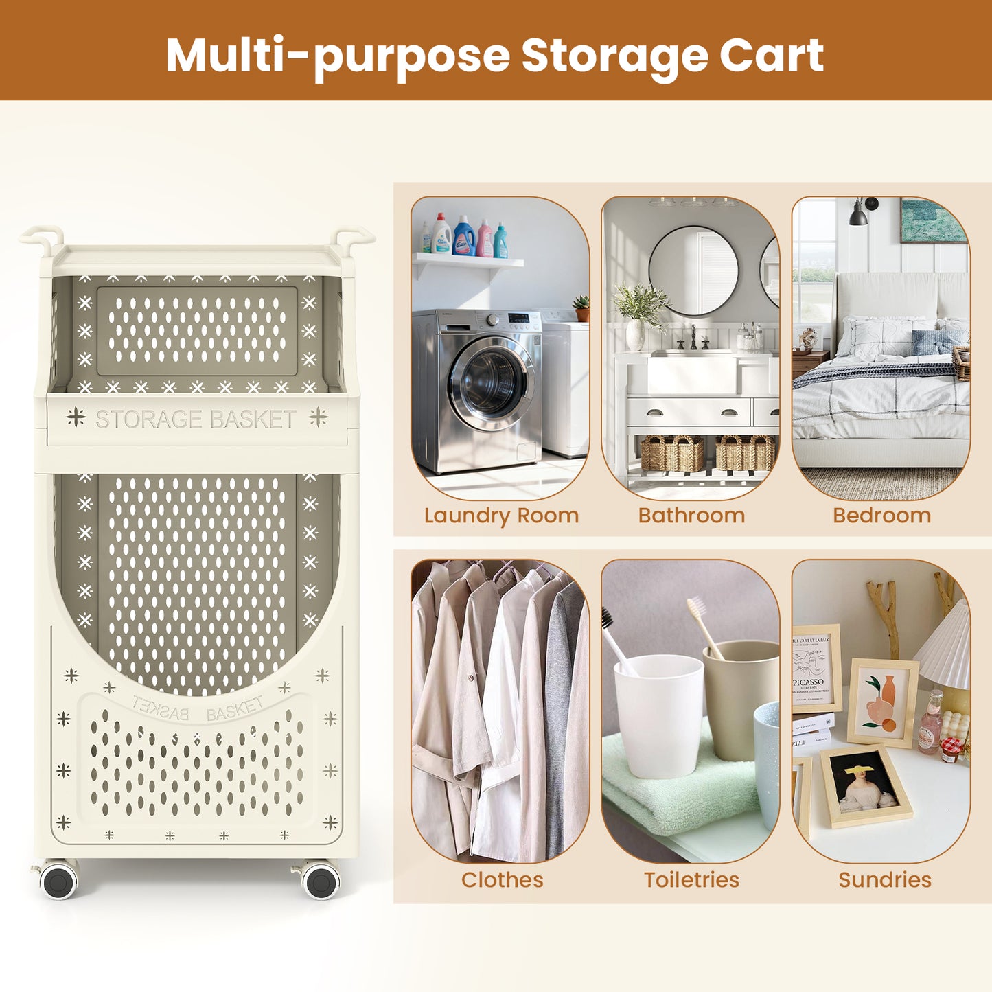 3/4-Tier Laundry Cart with Large Hamper and Lockable Wheels-Beige-3-Tier