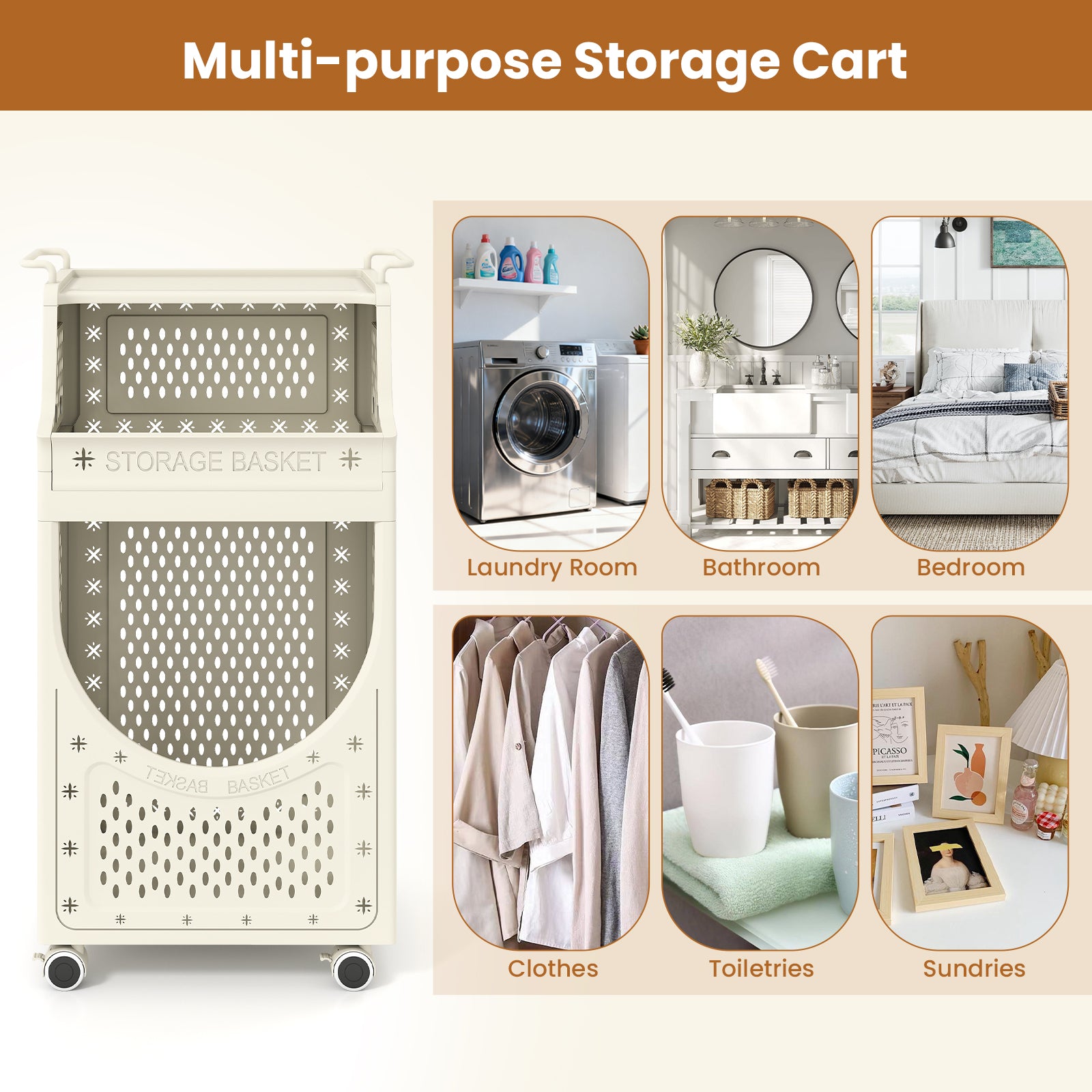 3/4-Tier Laundry Cart with Large Hamper and Lockable Wheels-Beige-3-Tier