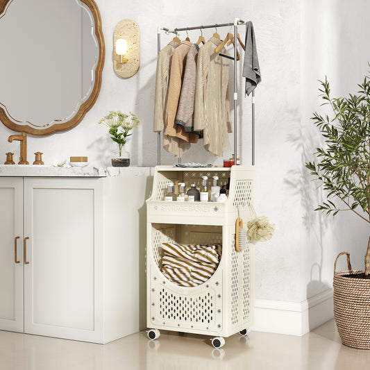 2-in-1 3/4-Tier Laundry Cart with Hanging Bar and Lockable Wheels-3-Tier-Beige