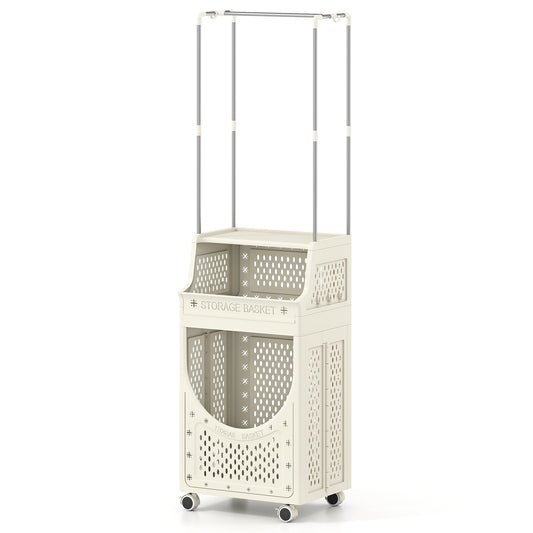 2-in-1 3/4-Tier Laundry Cart with Hanging Bar and Lockable Wheels-3-Tier-Beige