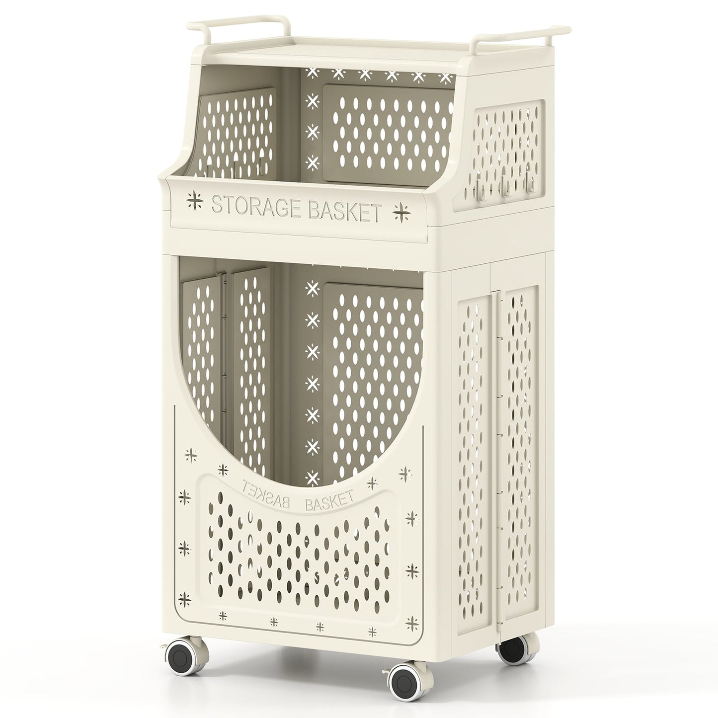 3/4-Tier Laundry Cart with Large Hamper and Lockable Wheels-Beige-3-Tier