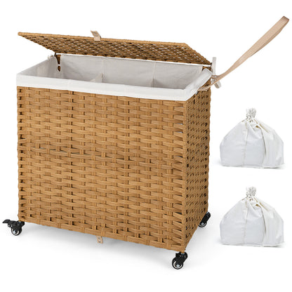 Laundry Hamper with Lid and Wheels and 2 Removable and Washable Liner Bags-Natural