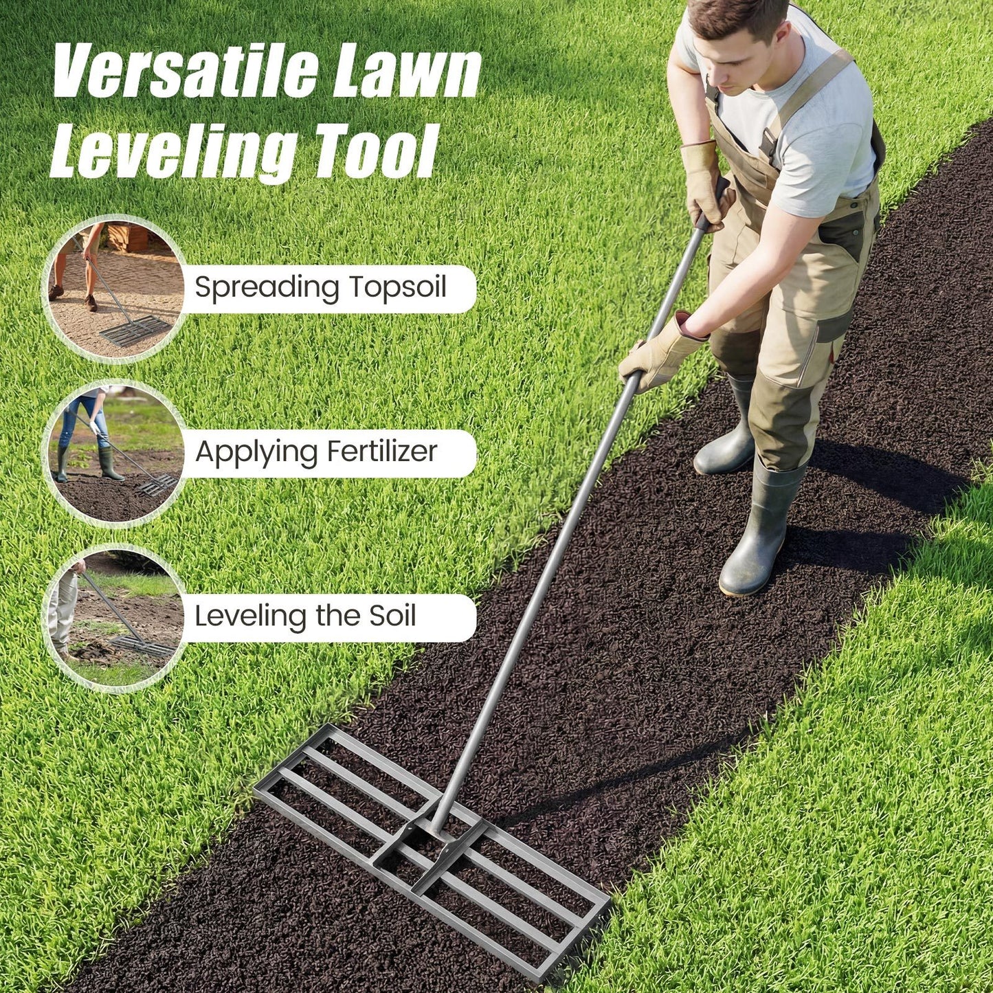 Lawn Leveling Rake Heavy Duty Lawn Level Tool for Soil Farm-Silver