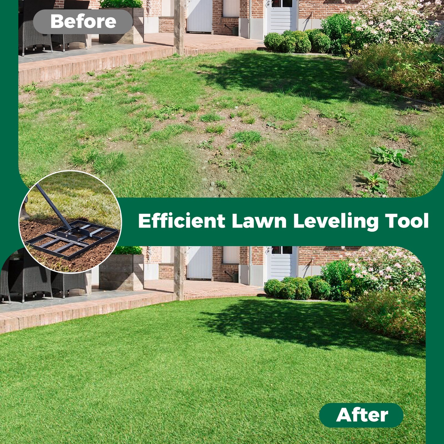 Lawn Leveling Rake Heavy-Duty Metal Levelawn Tool with 43 x 25 cm Plate-Black