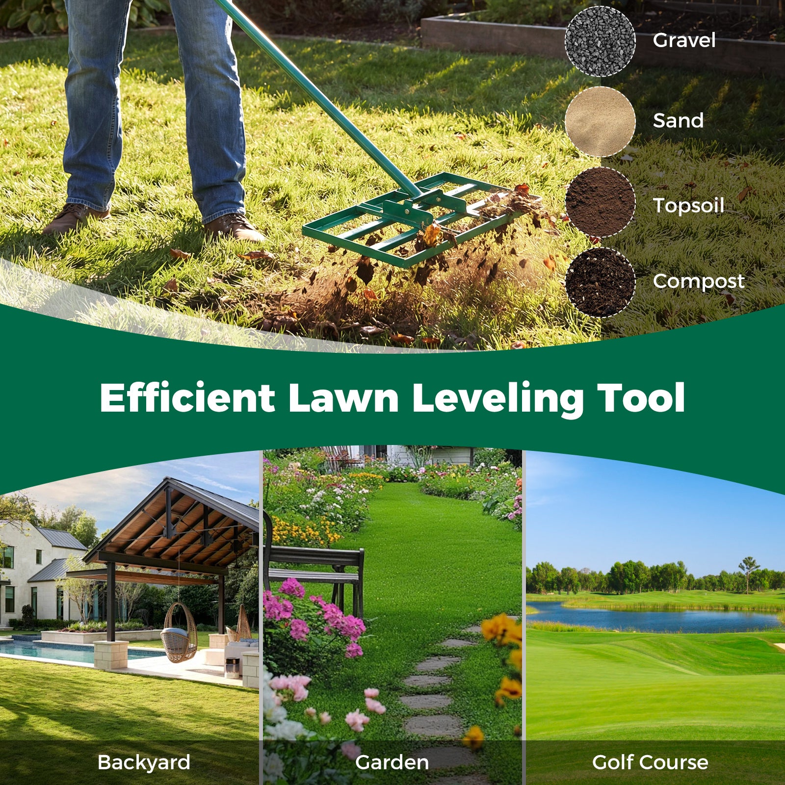 Lawn Leveling Rake Heavy-Duty Metal Levelawn Tool with 43 x 25 cm Plate-Green